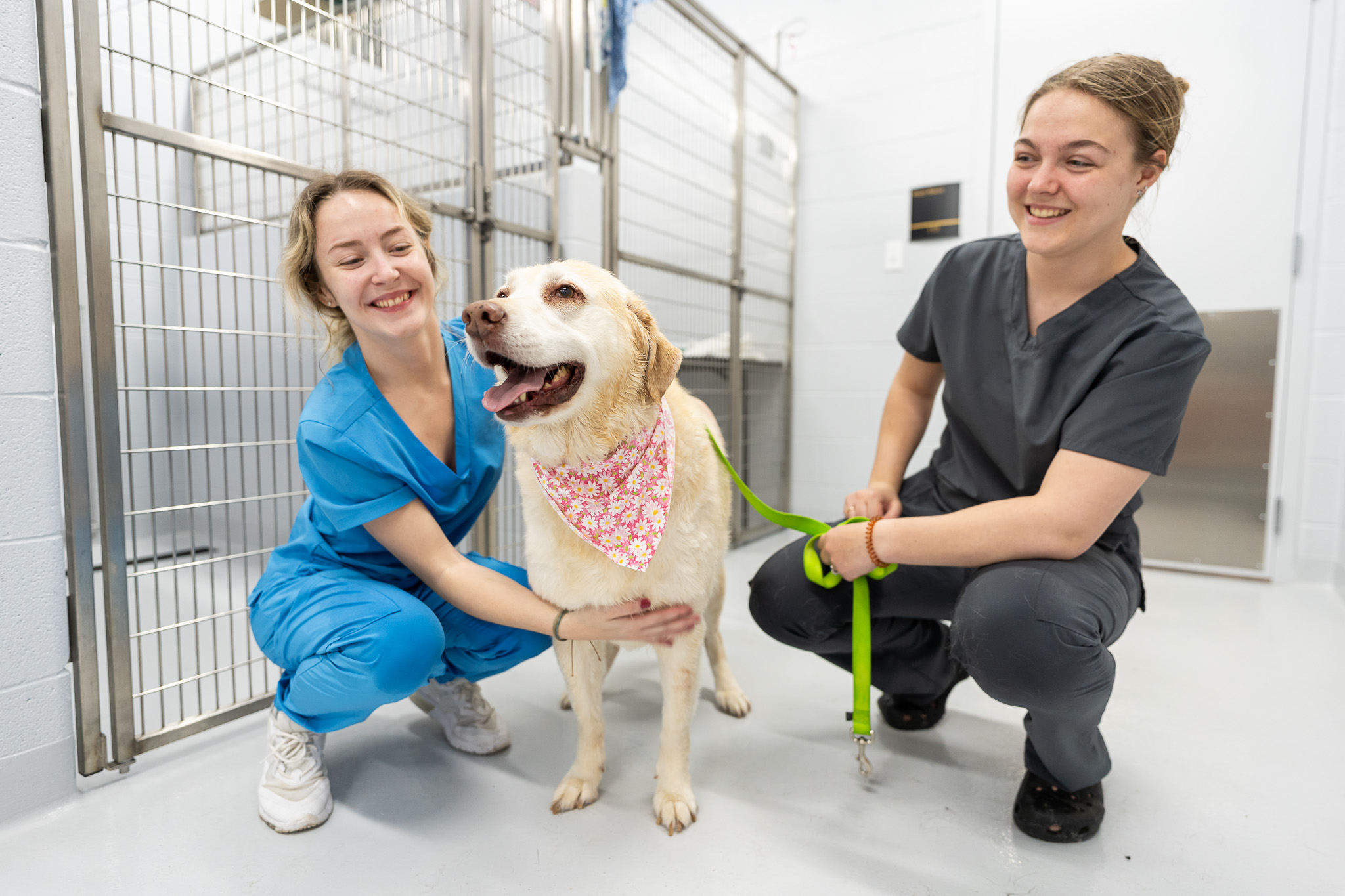 Two individuals are pictured with a dog.