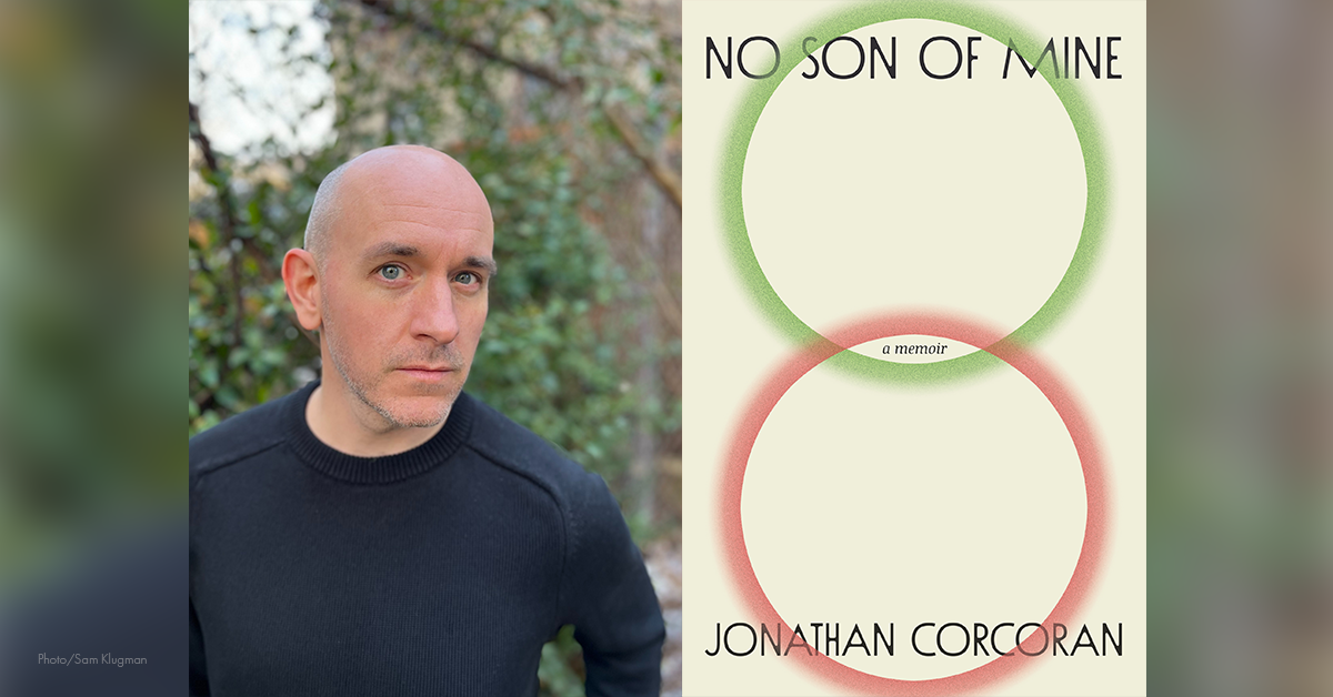 An image features Corcoran and the cover of his book, which includes green and red overlapping circles with text at the top and bottom.