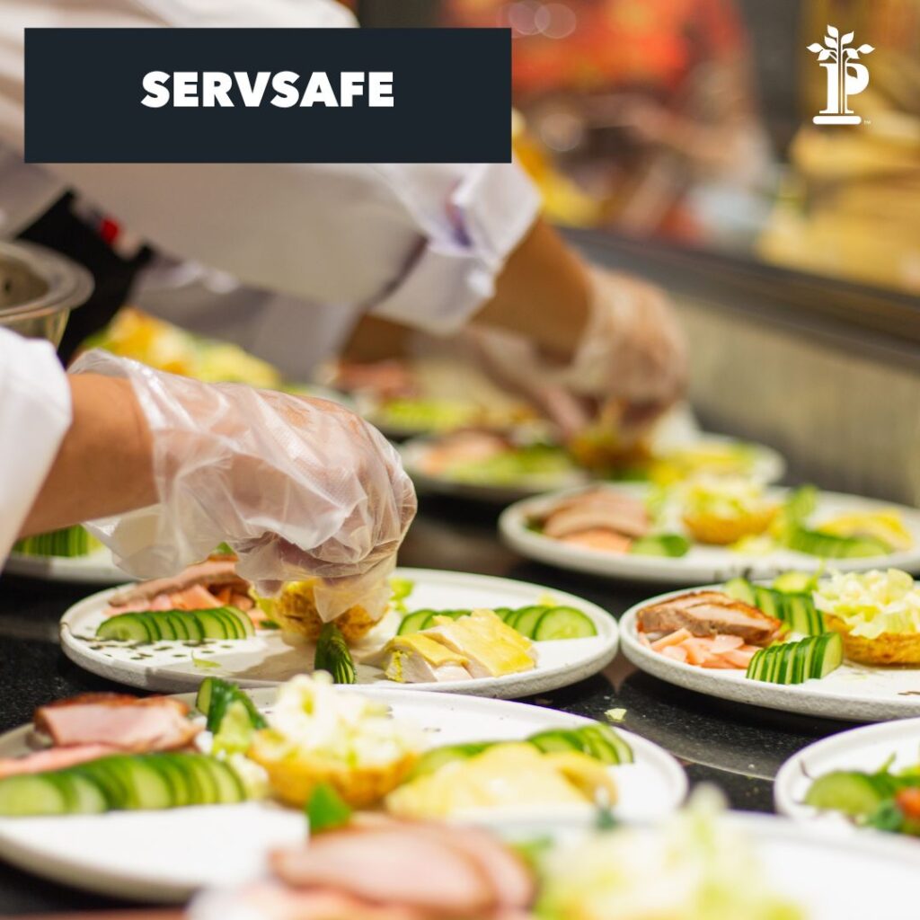 Gloved hands plating a meal to show safe serving practices