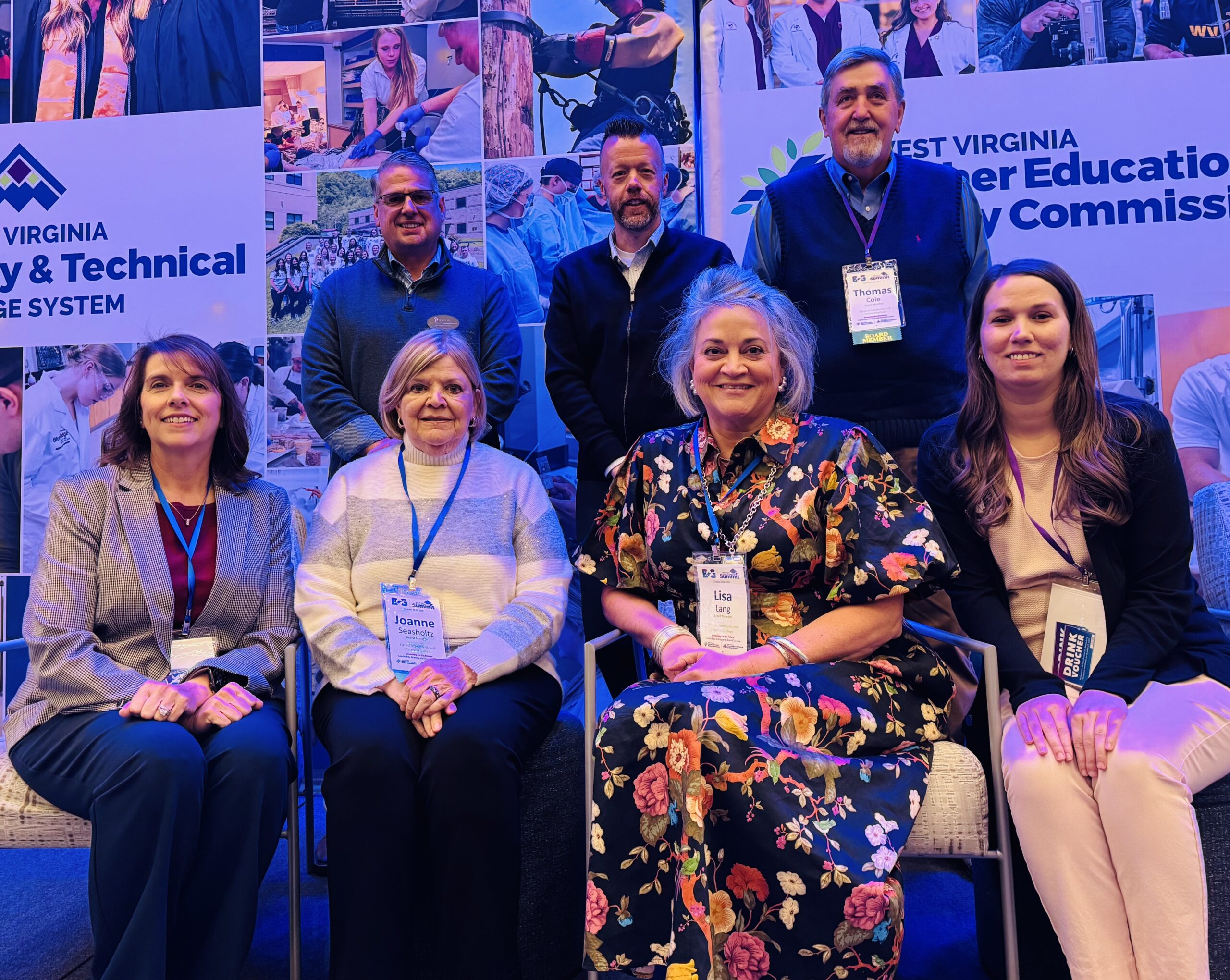 Pierpont Community & Technical College Interim President Dr. Michael Waide, executive assistant to the Board of Governors and five members of the Pierpont Board of Governors attended the 2025 West Virginia Community and Technical College System Board of Governors Summit in Charleston, West Virginia. Pictured front row, from left: Christine Miller, Joanne Seasholtz, Chair Lisa Lang and Amanda Hawkinberry. Back row, from left: Anthony Hinton, Waide and Thomas Cole.