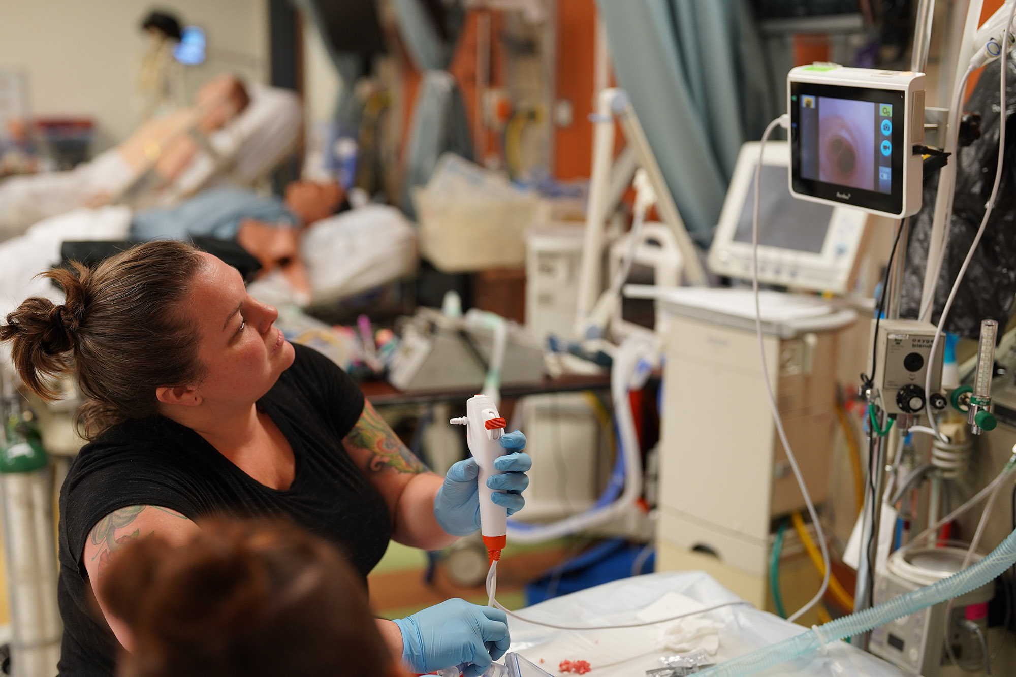 A student practices skills using equipment during a lab session at Pierpont Community & Technical College’s Advanced Technology Center in Fairmont, W.Va.