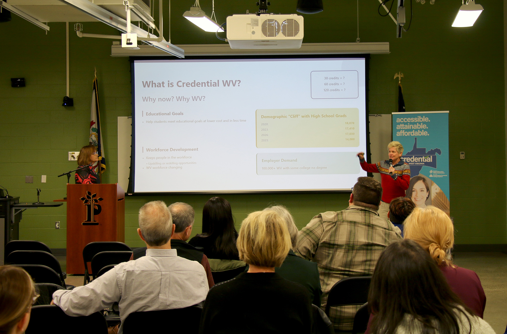 Jodi Oliveto, senior policy and program officer, and Dr. Beaze Shell, academic officer for the West Virginia Higher Education Policy Commission and Community and Technical College System, present an overview of the Credential West Virginia initiative during the Credential WV Connect event on Dec. 1 at Pierpont Community & Technical College in Fairmont, W.Va.