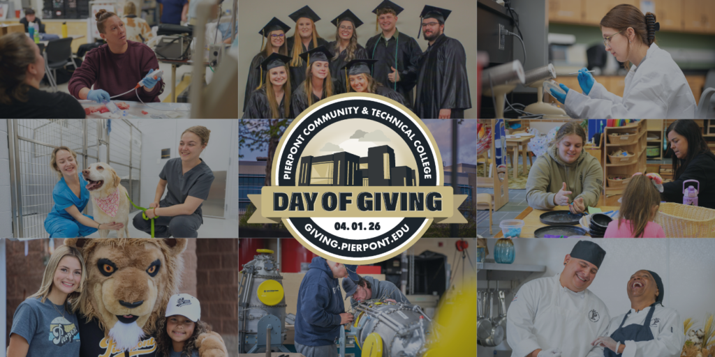 Scenes from classrooms and labs across Pierpont Community & Technical College highlight hands‑on learning ahead of the college’s Day of Giving on April 1, 2026. The annual fundraising event supports scholarships, academic initiatives, and student resources, including the expanding Pierpont Pride Pantry.