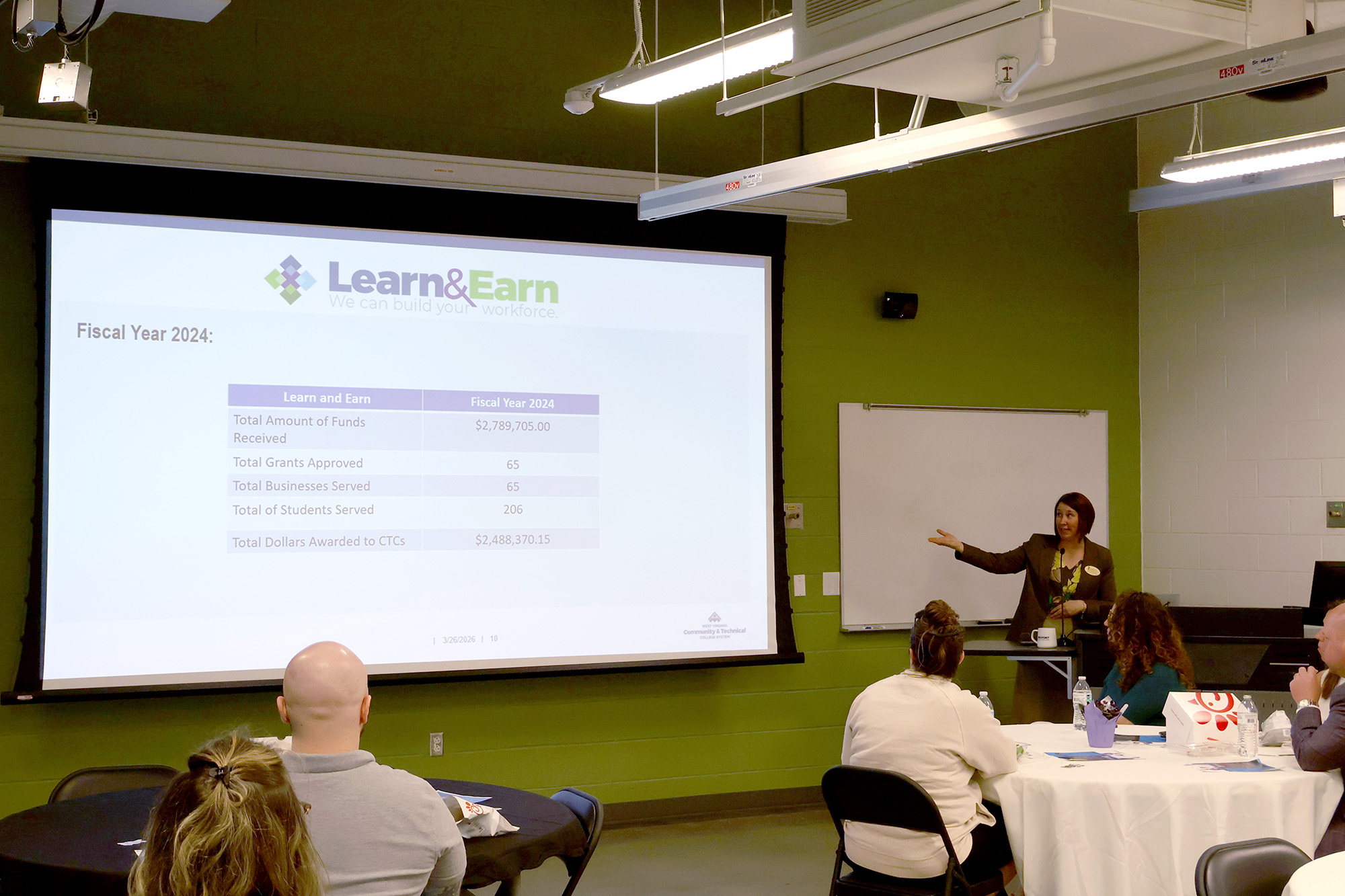 Dr. Joni Gray, Director of Career and Corporate Training for Pierpont Community & Technical College, speaks with business and industry leaders during a Lunch & Learn session focused on the Learn and Earn workforce development program.