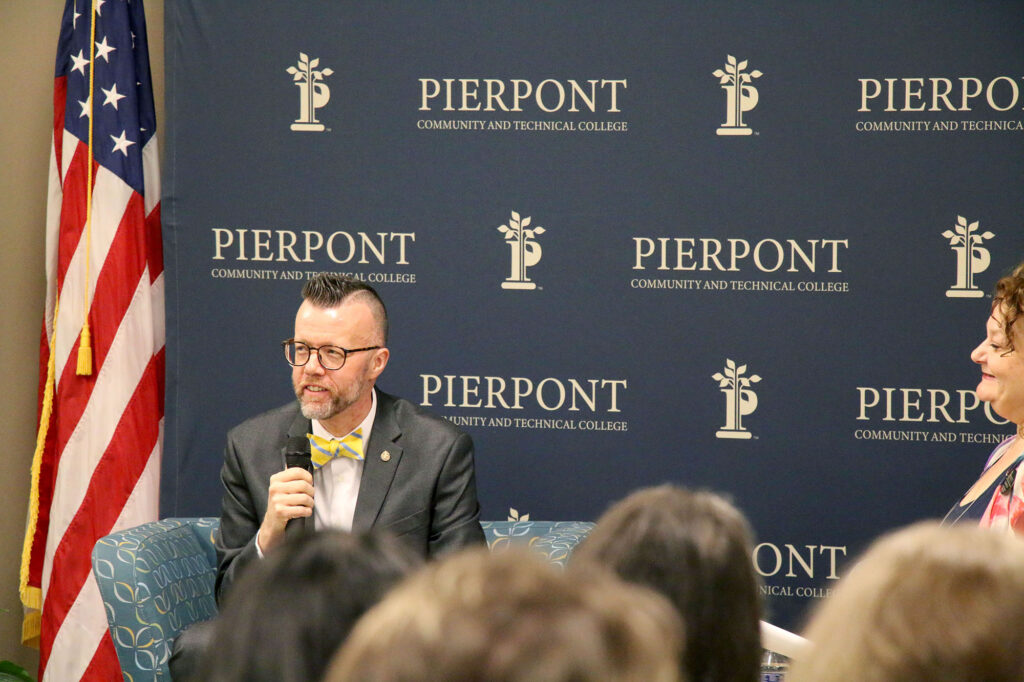 Dr. Michael Waide speaks during his presidential finalist open forum at Pierpont’s Advanced Technology Center.