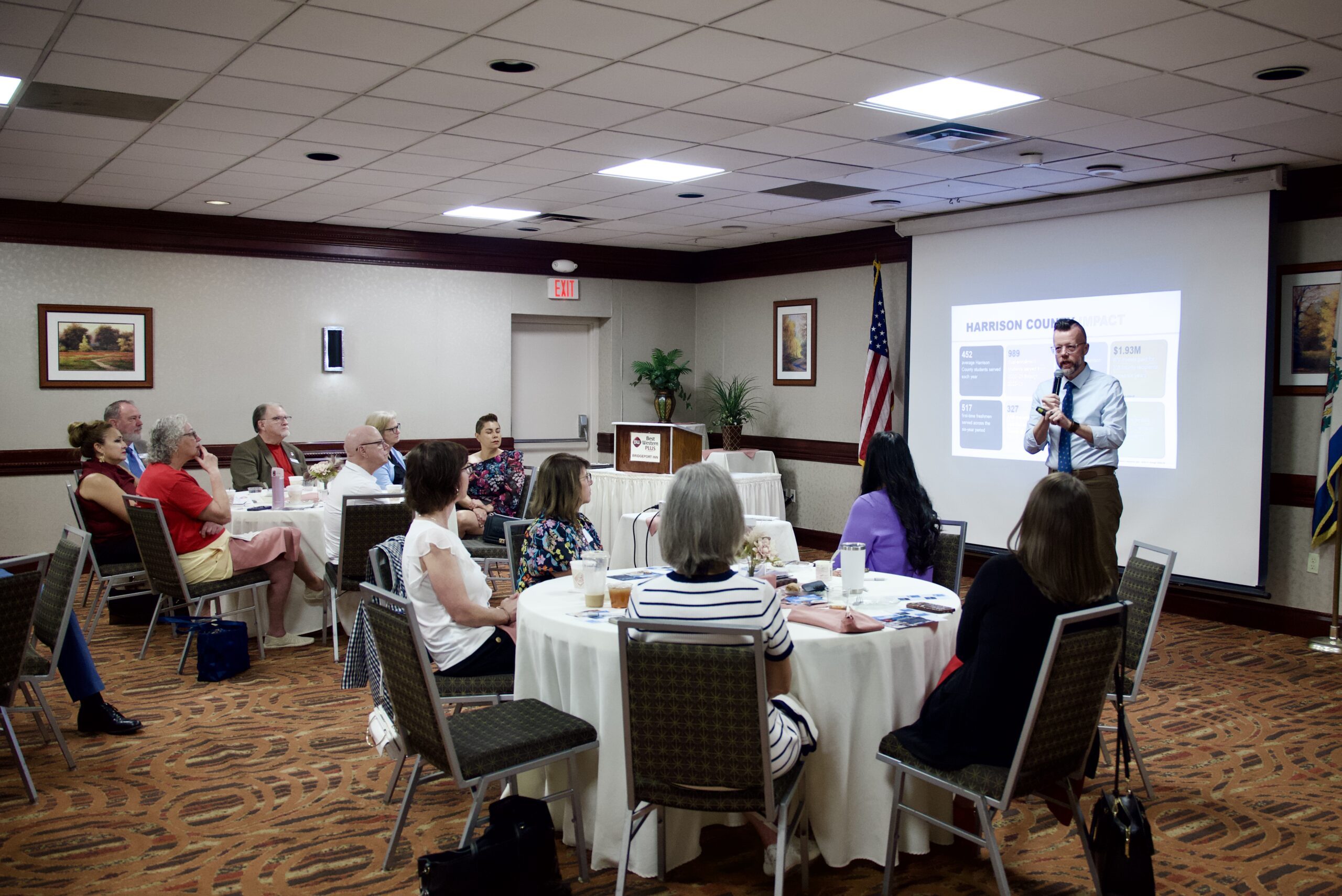 Dr. Michael Waide, president of Pierpont Community & Technical College, addresses local business and community leaders during the Harrison County Chamber of Commerce Business@Breakfast on Sept. 4. The presentation highlighted Pierpont's regional impact, workforce partnerships and commitment to moving every student forward.